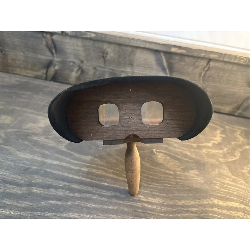 Antique Victorian Wooden Stereoscope Viewer Etched Brass Hood Cherub Motif